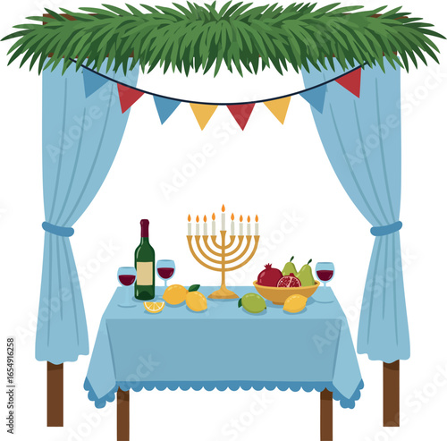 A beautifully decorated sukkah with a table set for a festive meal featuring a menorah wine and fruit under a canopy of greenery and colorful bunting
