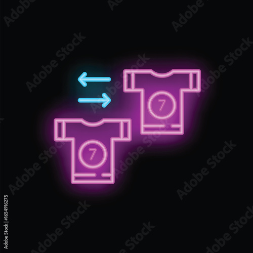 Neon sign representing a football player transfer with two jerseys and arrows symbolizing the change of team