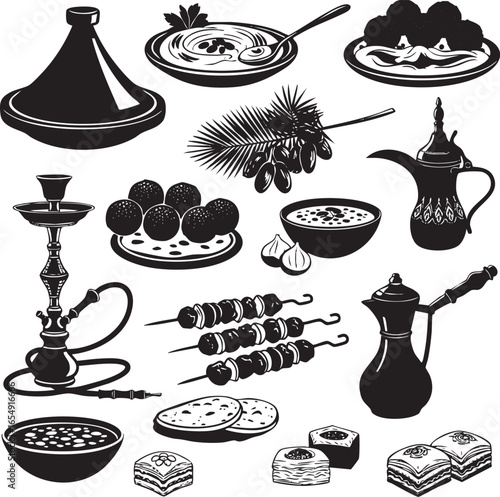 i need a kinds of different Arabian Food victor art silhouette with white background