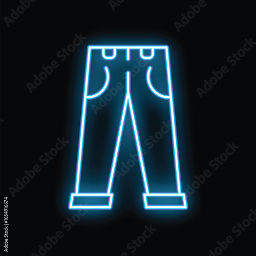 Blue neon sign shaped like a pair of pants glowing on a black background