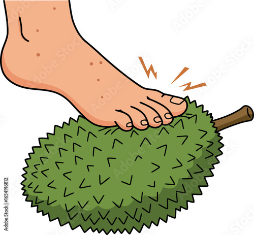 A bare foot stepping on a spiky durian fruit causing pain and discomfort illustration on a white background