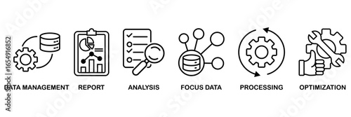 Data analysis banner web icon vector illustration concept for� data management, report, analysis, focus data, processing, optimization
