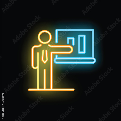 Neon sign of a businessman giving a presentation, pointing at a graph on a projection screen