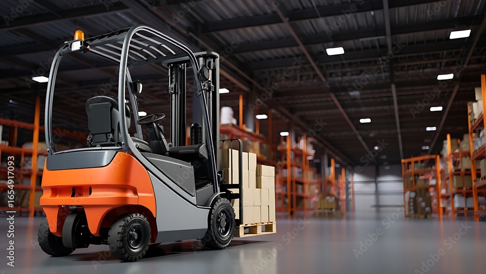 Fototapeta premium Forklift truck in a modern warehouse with shelves and boxes