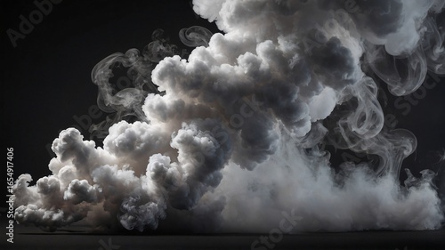 A mesmerizing display of swirling white smoke against a dark backdrop, creating an ethereal and dramatic atmosphere.