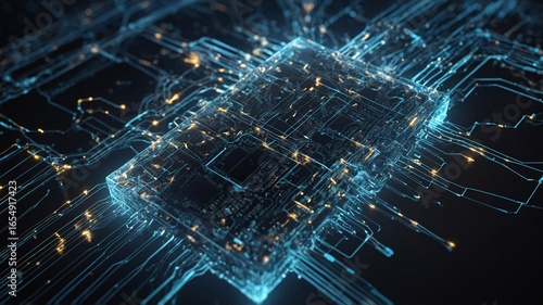 A close-up view of a futuristic circuit board illuminated with bright blue and gold lights, showcasing intricate technology.