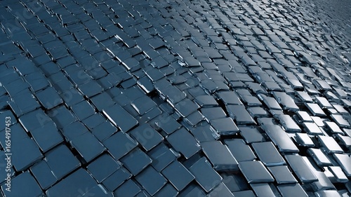 Abstract composition of reflective geometric tiles in shades of blue, creating a wave-like pattern.