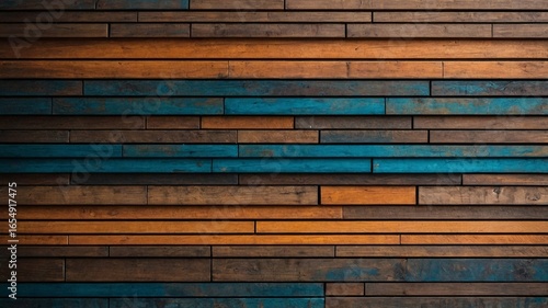 A textured wooden wall featuring a mix of dark brown and vibrant teal and orange panels, creating a modern and artistic setting.