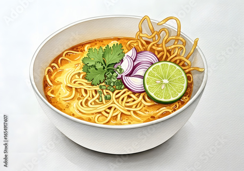 Watercolor Khao Soi Noodle Soup Illustration