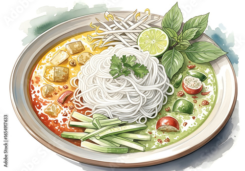Thai Curry Noodles with Red and Green Curry (Khanom Chin)