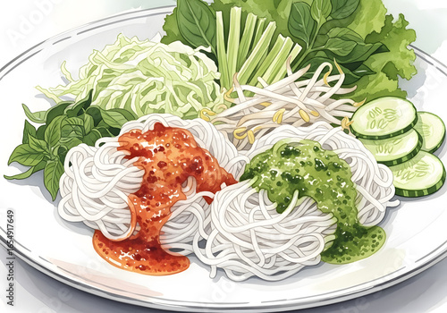 Thai Rice Noodles with Spicy Sauces and Vegetables