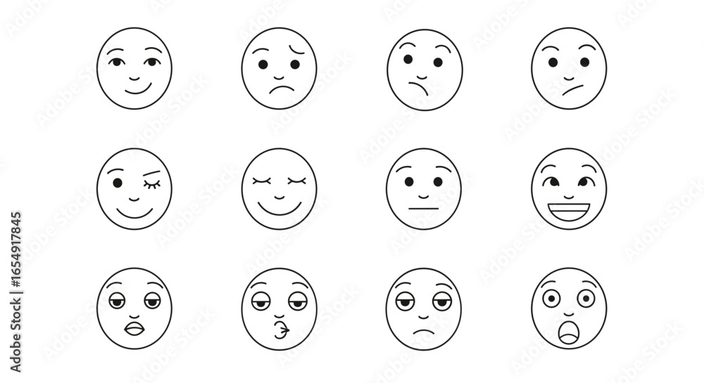 Collection of twelve simple face drawings showing different emotions and expressions in a grid format
