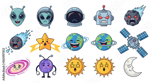 Collection of cartoon space elements including aliens astronauts planets and celestial bodies icons