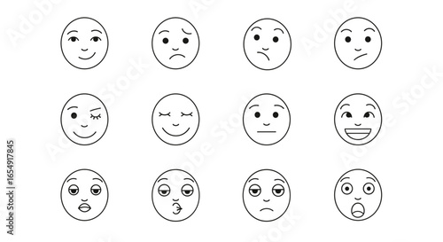 Collection of twelve simple face drawings showing different emotions and expressions in a grid format