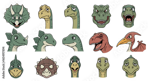 Collection of cartoon dinosaur heads featuring various species and expressions in a group portrait style