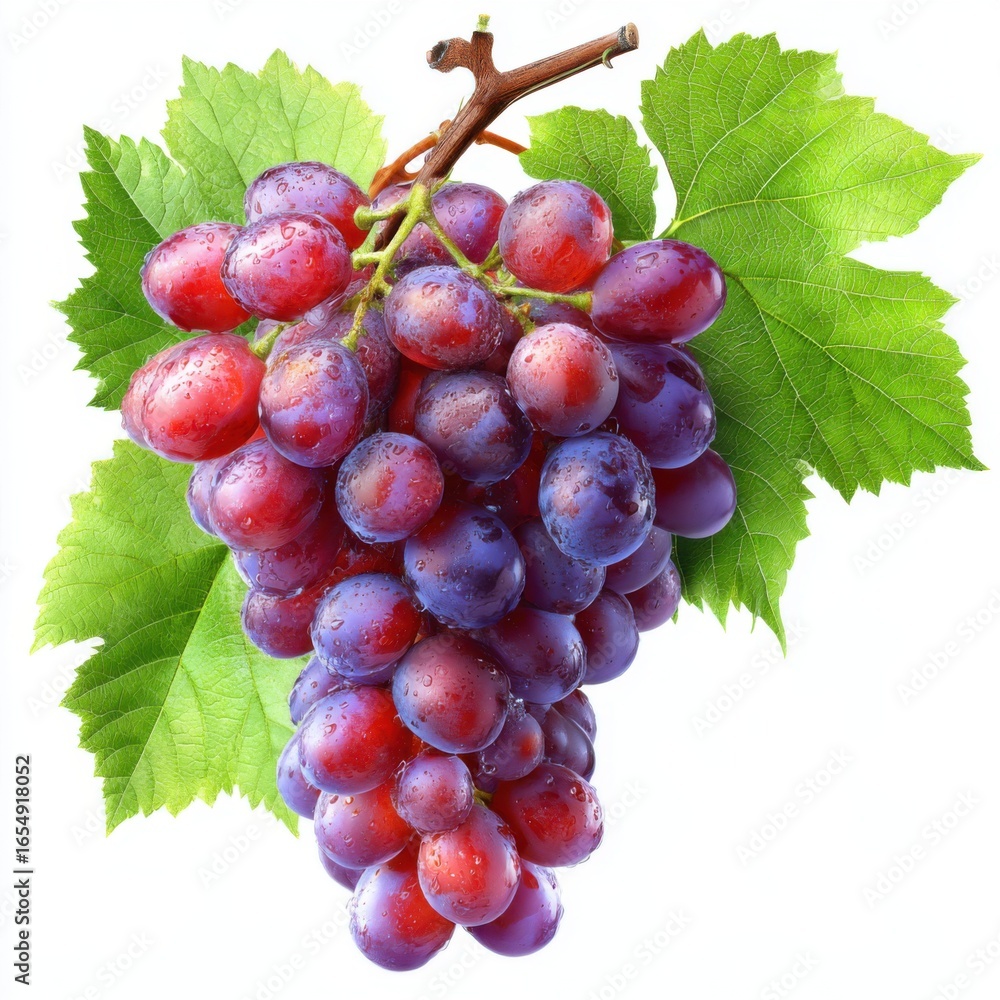 Fototapeta premium Fresh Red Grapes Bunch Still Life with Green Leaves Isolated on White Background Close Up Studio Shot