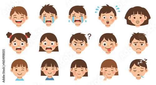 Collection of cartoon faces showing different emotions and expressions on a white background art design