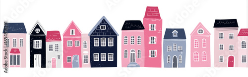 A row of cute houses in pink and navy blue, a simple flat vector illustration style with a white background. The buildings have symmetrical shapes and appear to be made from a soft fabric material.