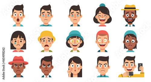 Illustration of fifteen cartoon faces displaying a variety of different emotional expressions and reactions