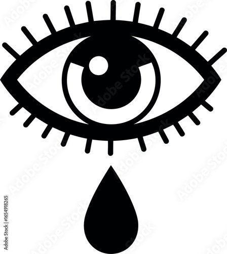 Stylized black and white illustration of an all seeing eye with a single black tear falling from its pupil