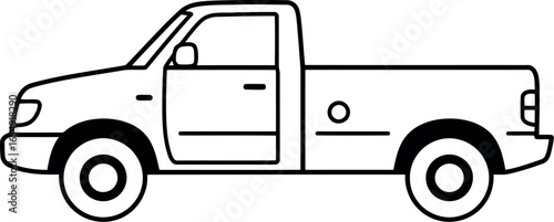 Simple black and white line drawing illustration of a classic single cab pickup truck viewed from the side