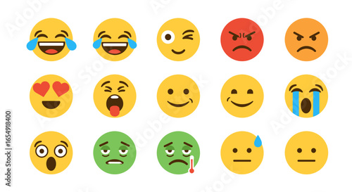 Collection of fifteen different oval shaped emojis displaying a variety of human emotions and expressions