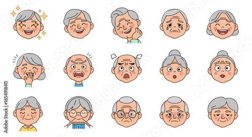 Collection of cartoon elderly characters showing various emotions and facial expressions in a grid layout