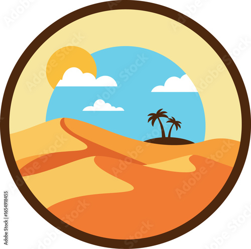 Stylized circular emblem depicting a serene desert landscape with rolling sand dunes palm trees and a bright sun under a blue sky with clouds