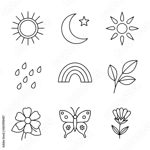 Simple black line drawings of nature elements and celestial bodies moon star