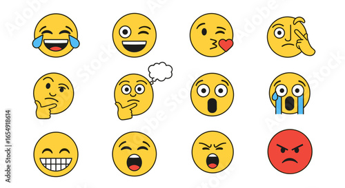 Collection of twelve yellow emoji faces expressing various emotions and one red angry emoji face shown