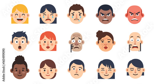 Illustrative collection of diverse facial expressions showcasing a range of human emotions and feelings