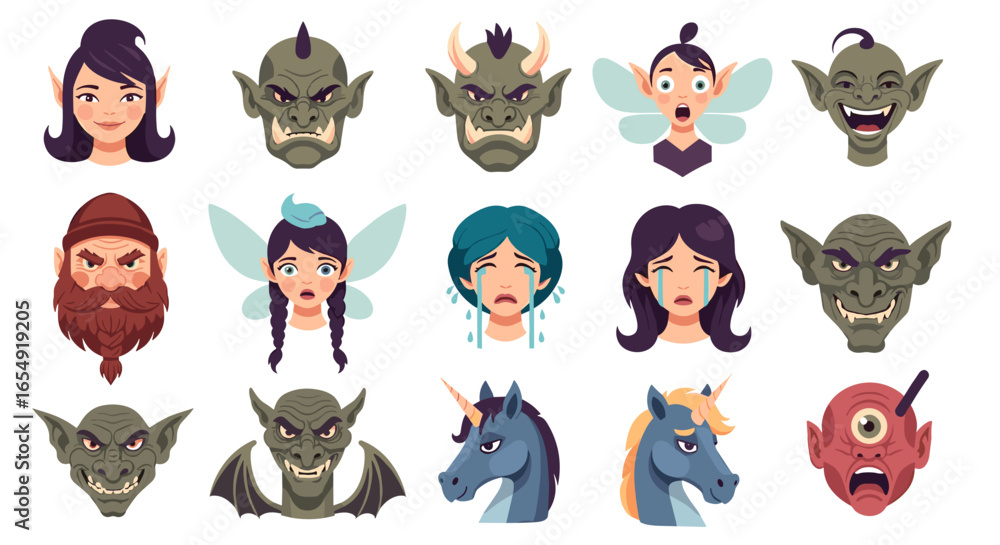 Obraz premium Illustration of diverse fantasy creatures including elves trolls fairies gnomes unicorns and cyclops heads