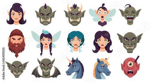 Illustration of diverse fantasy creatures including elves trolls fairies gnomes unicorns and cyclops heads
