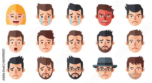 Collection of fifteen cartoon faces showing a variety of different emotions and expressions on white backdrop