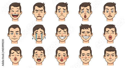 Cartoon faces showing different emotions such as happiness, sadness, anger and surprise depicted well