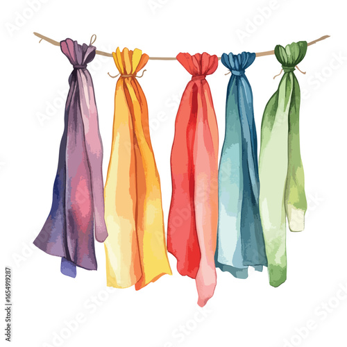 Watercolor Scarves in Various Colors Hanging on a Twig Tied Up