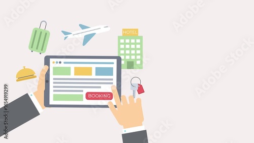 Hands booking travel on tablet with luggage and bell
