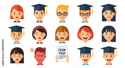 Illustration showing diverse student faces with varying emotions and graduation caps and exam results