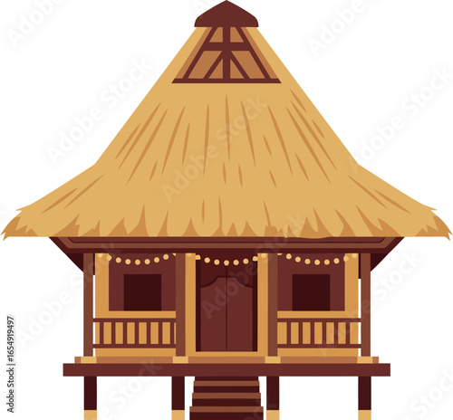 Traditional southeast asian stilt house with a thatched roof and intricate wooden details showcasing cultural architecture and tropical design