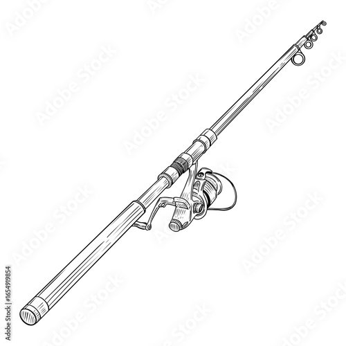 Hand drawn sketch of fishing rod for outdoor sport and hobby