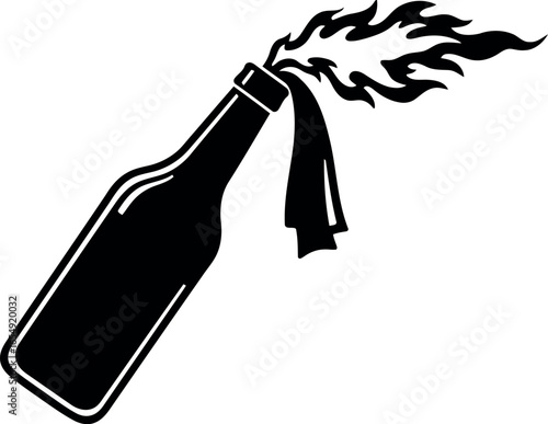 Black silhouette of a molotov cocktail with a burning wick and cloth against a white background symbolizing protest and rebellion