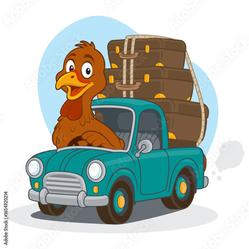 Cartoon Turkey Road Trip Illustration with Vintage Truck and Luggage
