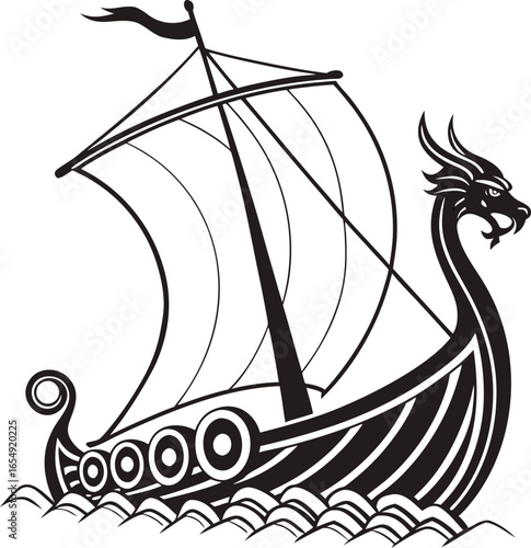 Viking Ship Silhouette Vector Illustration, Norse Longship Icon, Medieval Dragon Boat Symbol, Nordic History Design Graphic