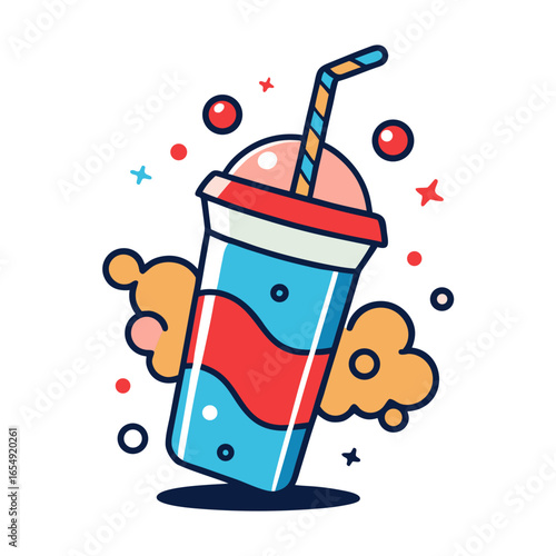 Vibrant colorful frozen drink with straw and festive bubbly accents, perfect for summer refreshment and party celebrations.