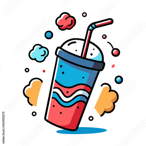 Vibrant colorful stylized slushy drink with straw and abstract bubbly elements, perfect for summer promotions and energetic brand visuals