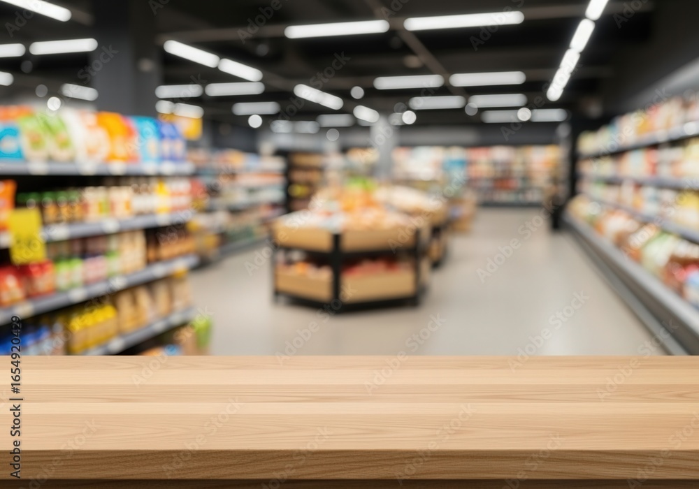 Fototapeta premium Empty light oak table in blurred grocery aisle during sunny afternoon