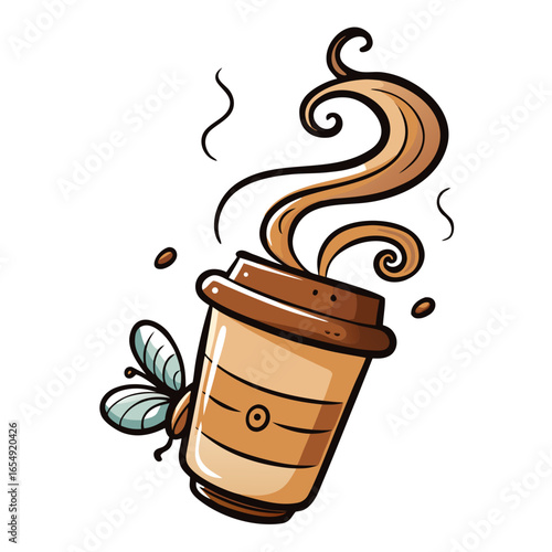Buzzing with energy, a delightful coffee cup swirls aromatic steam, inviting a vibrant start to your day with its playful charm.