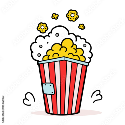 Vibrant popcorn tub overflowing with kernels and fluffy clouds, perfect for movie night promotions, snack branding, and festive event designs.