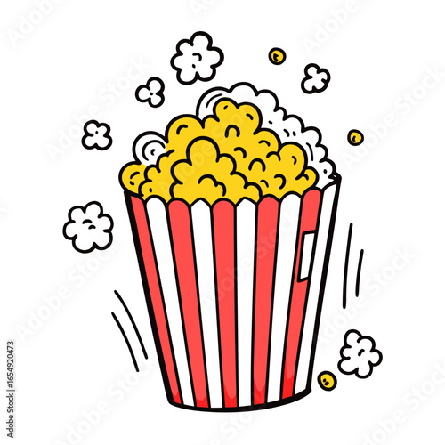 Enjoying delicious popcorn with a classic red and white striped bucket surrounded by whimsical puffs of steam, perfect for movie nights and snack time fun.