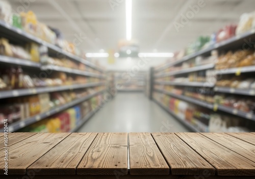 Wallpaper Mural Empty reclaimed wood table in blurred grocery aisle on foggy autumn day Torontodigital.ca
